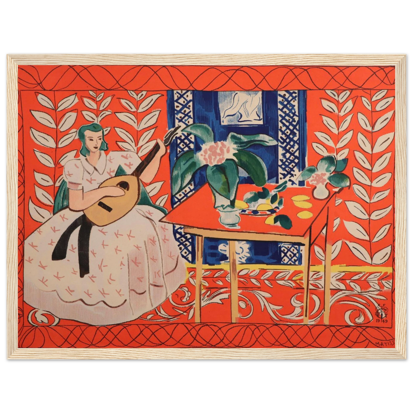 French modernist artwork Woman Playing Lute by Matisse, featuring bold color contrasts and elegant musical symbolism.