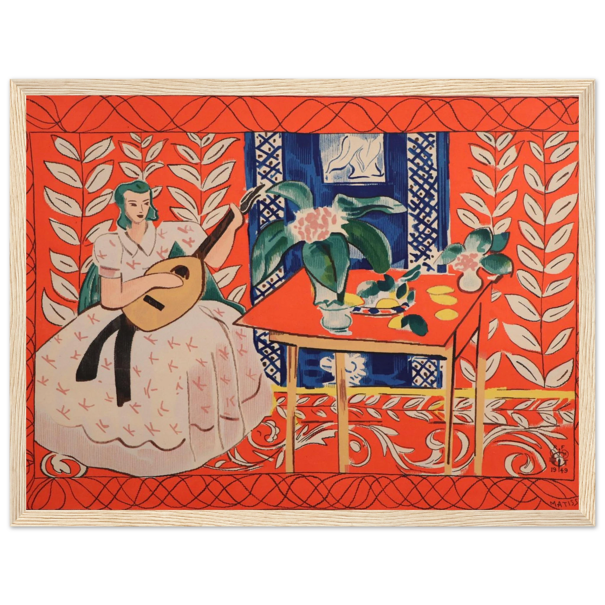 French modernist artwork Woman Playing Lute by Matisse, featuring bold color contrasts and elegant musical symbolism.