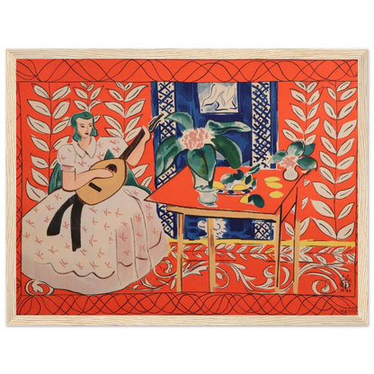 French modernist artwork Woman Playing Lute by Matisse, featuring bold color contrasts and elegant musical symbolism.