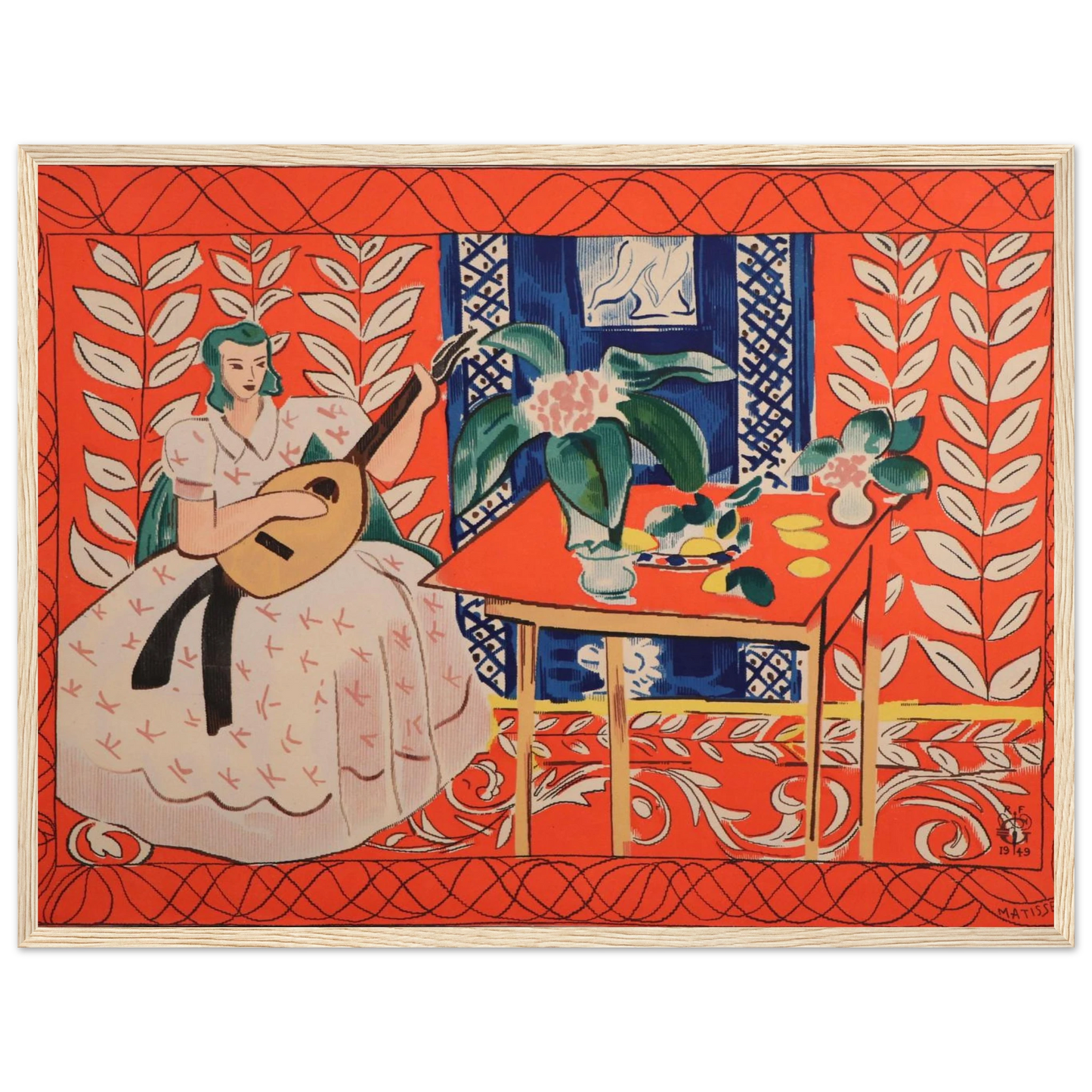 Mid-century modern wall decor featuring Matisse’s Woman Playing Lute, a vibrant and contemplative piece for artful interiors.
