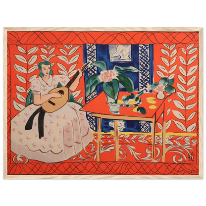 Mid-century modern wall decor featuring Matisse’s Woman Playing Lute, a vibrant and contemplative piece for artful interiors.