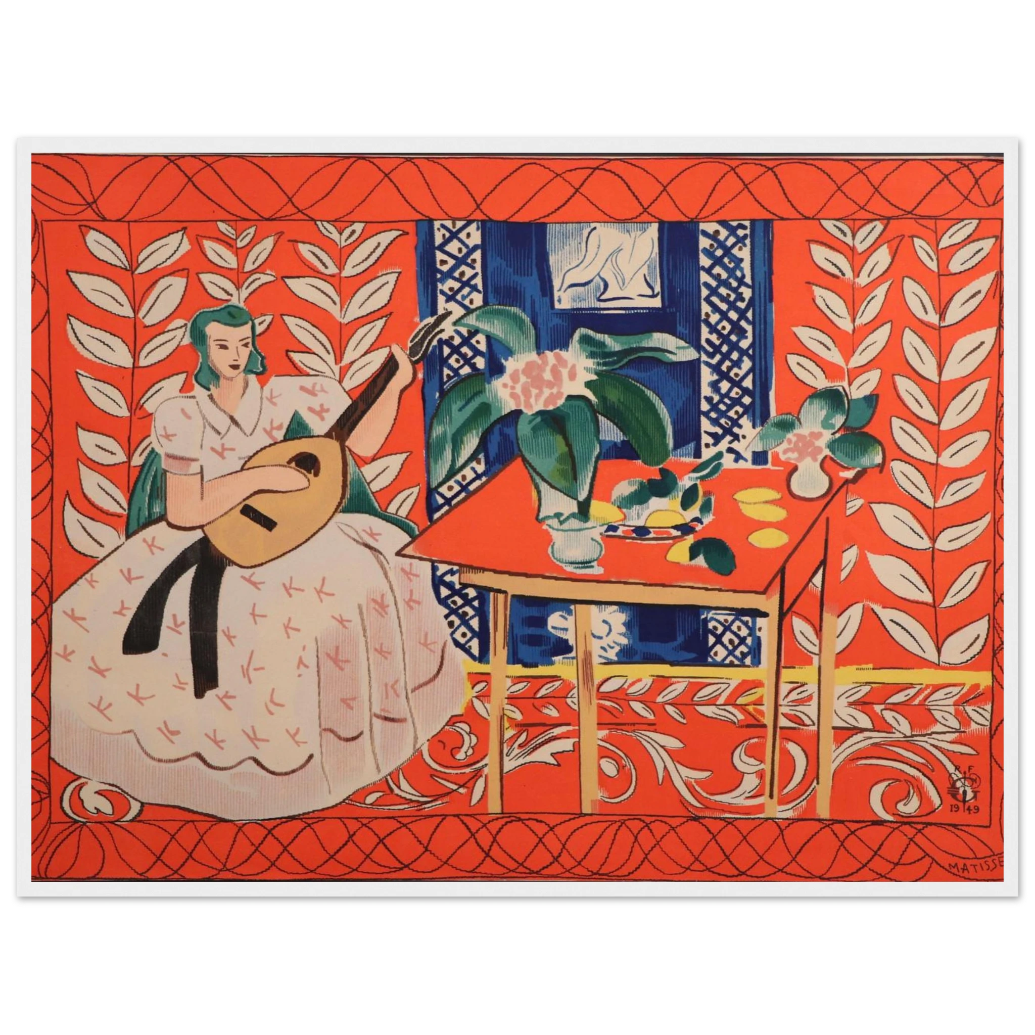 Modern art reproduction of Woman Playing Lute by Henri Matisse, an expressive study of sound and color in his late-career style.