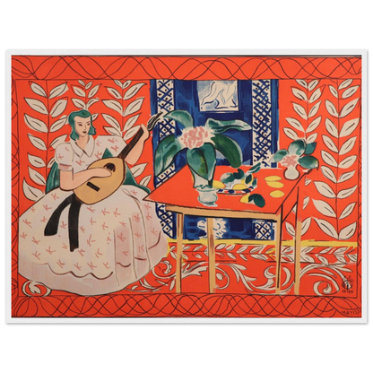 Modern art reproduction of Woman Playing Lute by Henri Matisse, an expressive study of sound and color in his late-career style.
