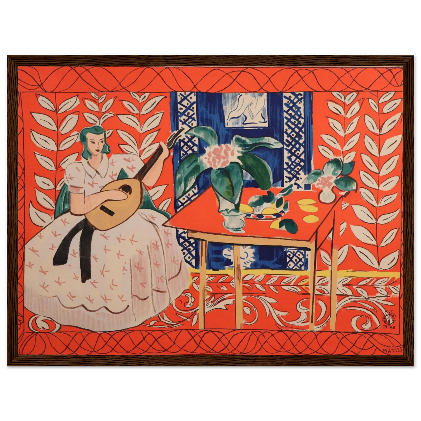 Wall art print of Matisse’s Woman Playing Lute, a colorful modernist composition blending music, emotion, and visual rhythm.