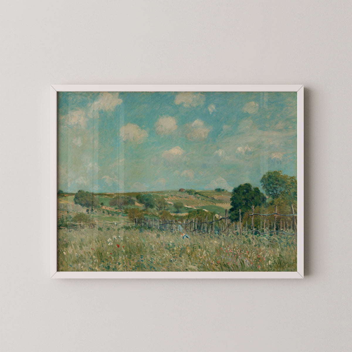 White-framed Meadow art print by Sisley, showing pink and white flowers beneath soft clouds