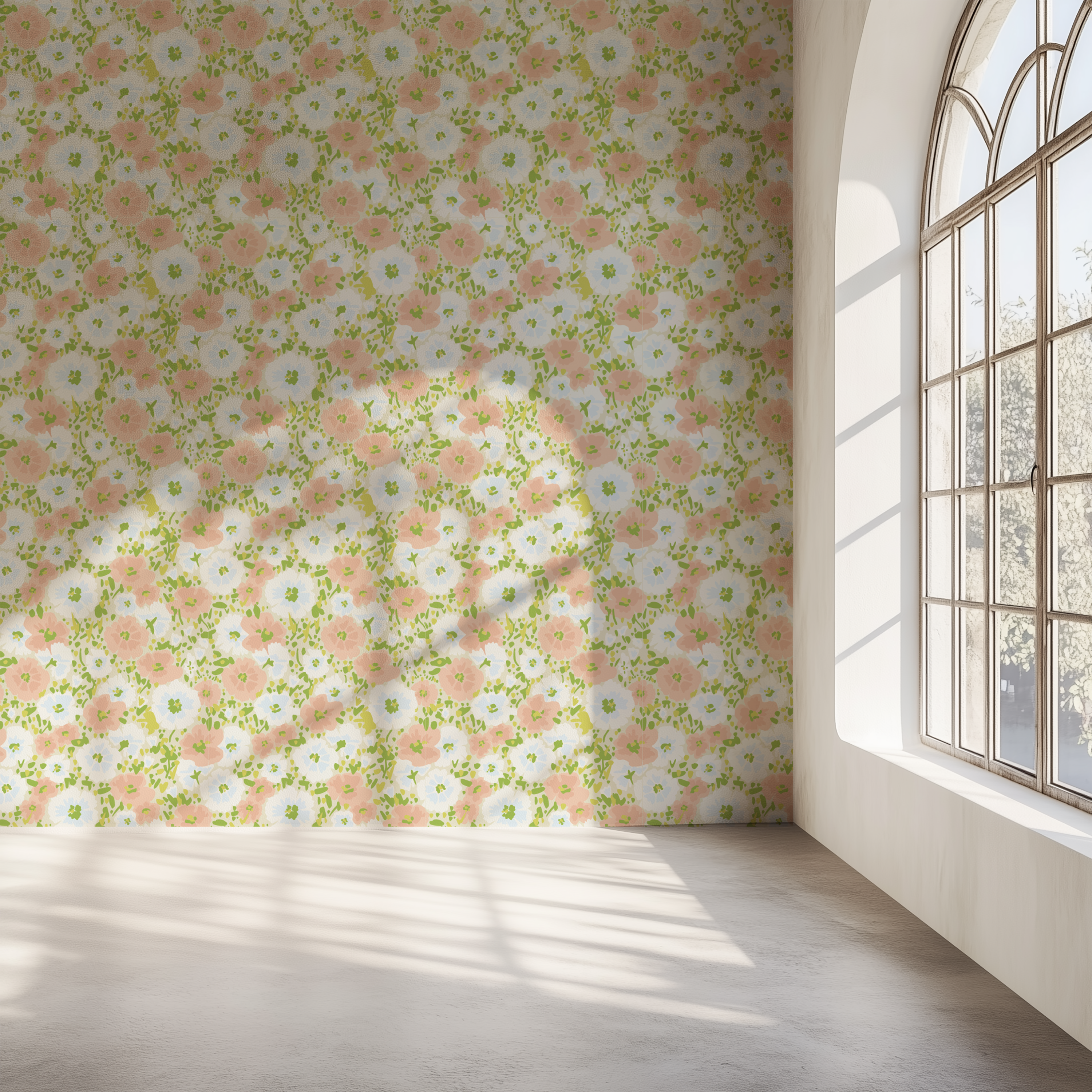 Elegant cottagecore floral wallpaper with sage green leaves in a warm living room interior.