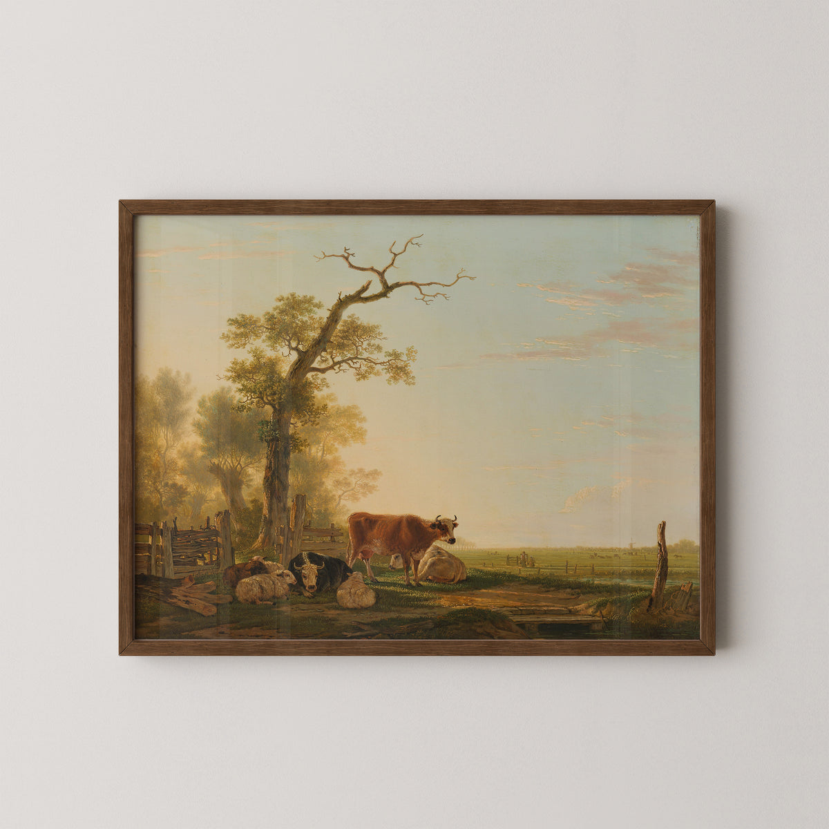Meadow Landscape with Animals by Jacob van Strij, art print in a dark wood frame