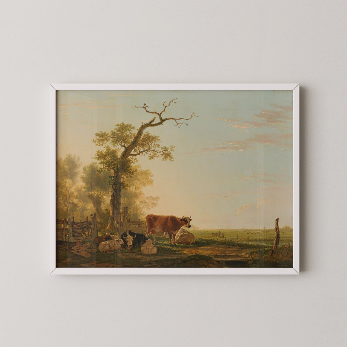 Meadow Landscape with Animals by Jacob van Strij, art print in a white frame