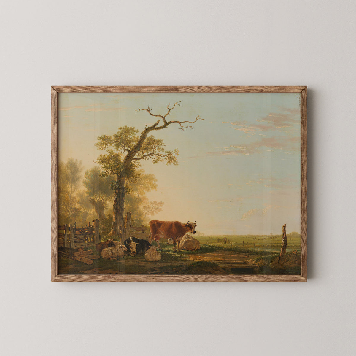 Meadow Landscape with Animals by Jacob van Strij, art print in a natural wood frame