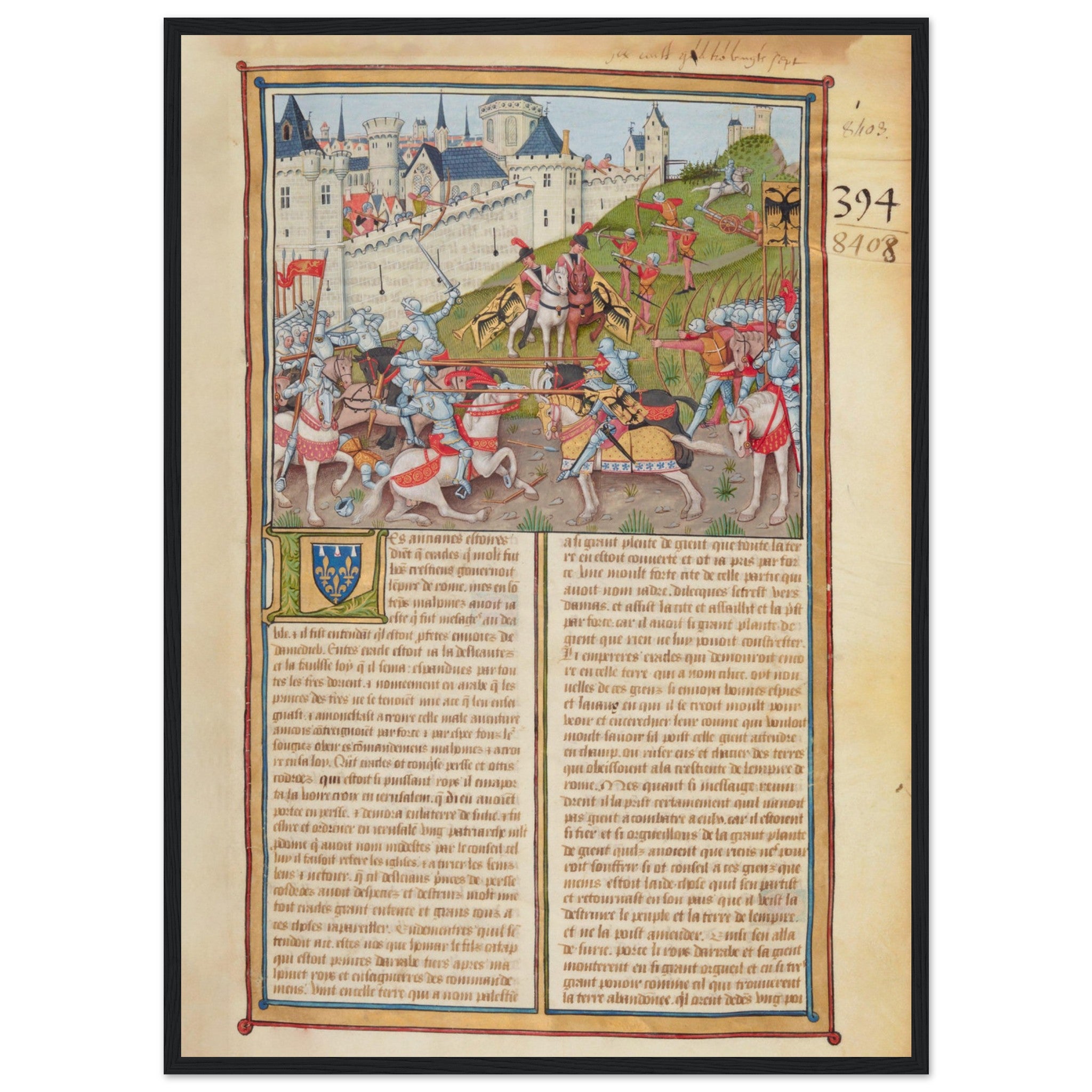 Wall art poster of medieval knights fighting near a castle, inspired by illuminated manuscripts and chivalric legends.