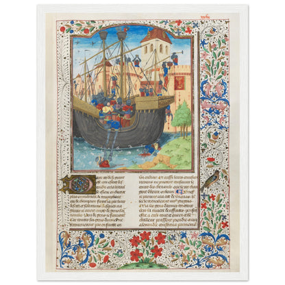 Medieval European illuminated art print depicting a ship and knights during a siege — perfect for antique decor fans.