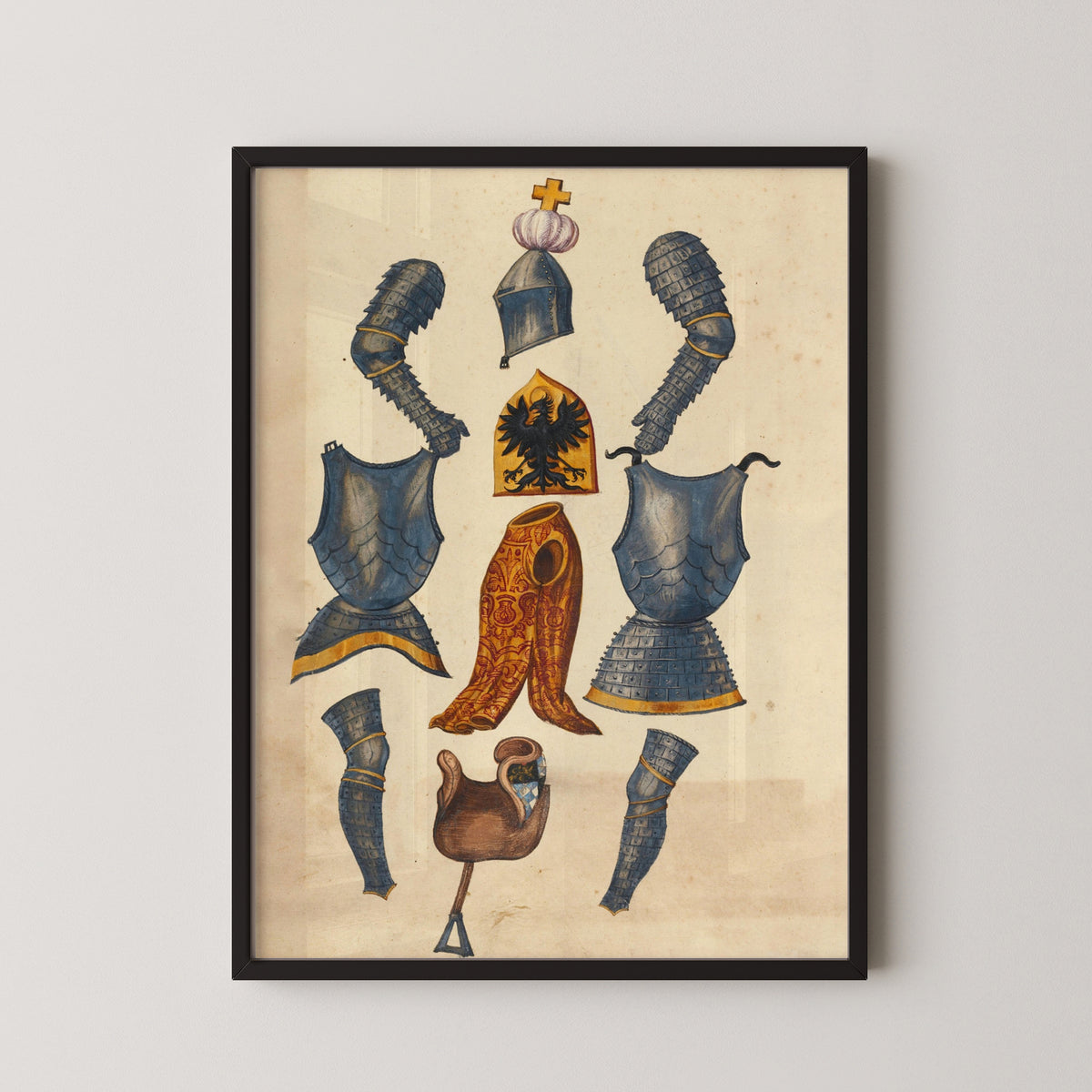 medieval german knights armor manuscript print – black frame mockup