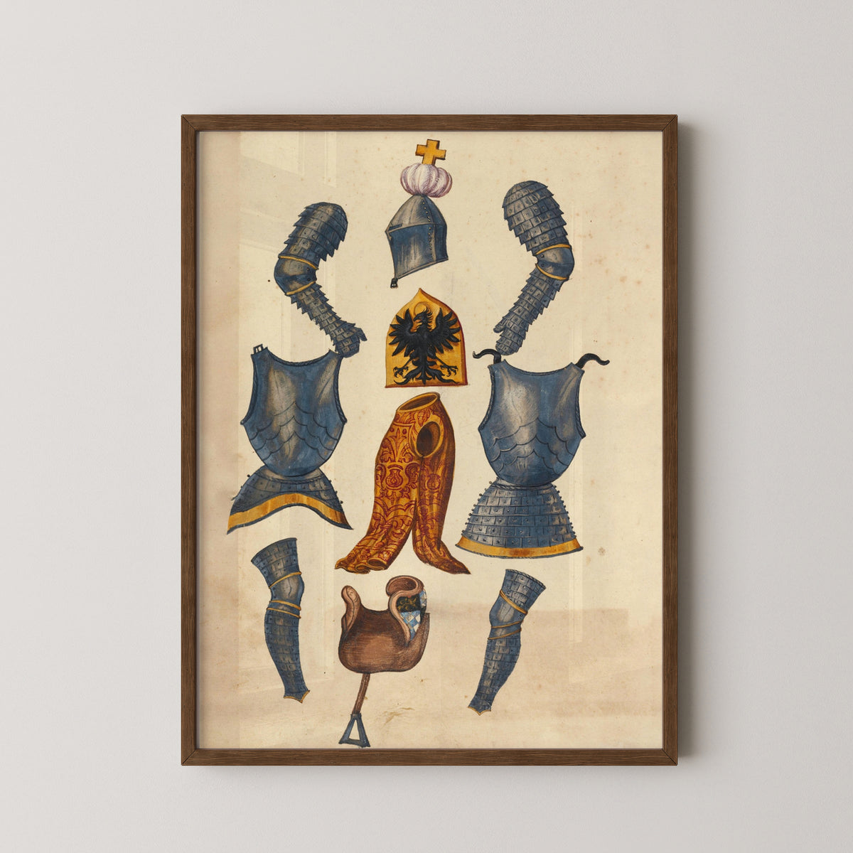 medieval german knights armor manuscript print – darkwood frame mockup