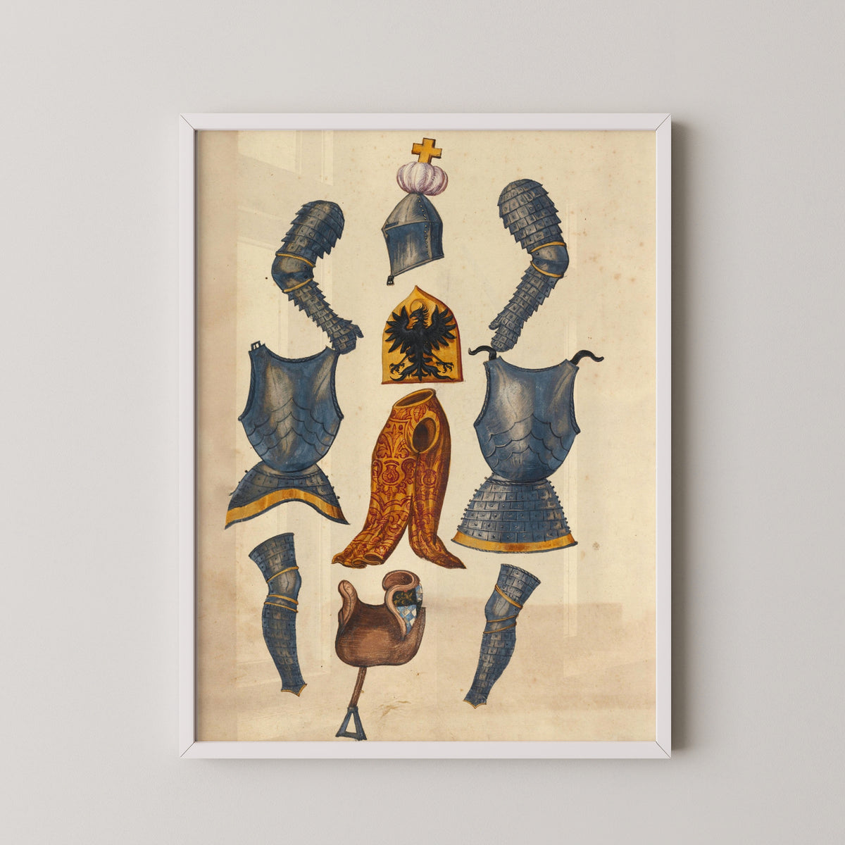 medieval german knights armor manuscript print – white frame mockup