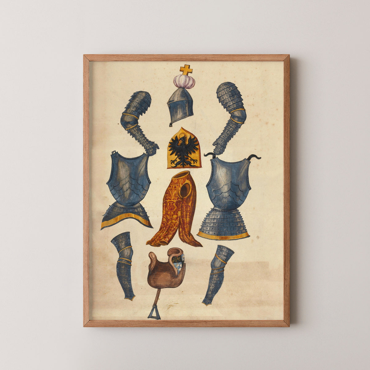 medieval german knights armor manuscript print – wood frame mockup