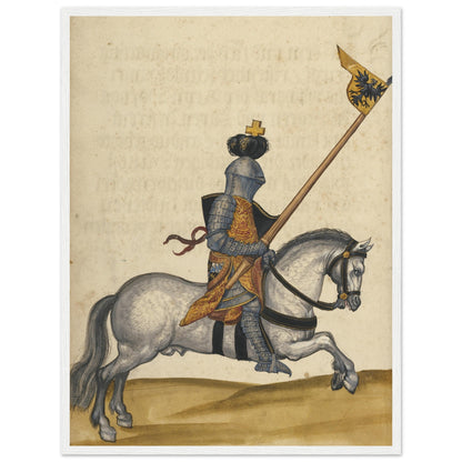 Heraldic wall art of a medieval knight on horseback, featuring traditional German armor and manuscript detail.