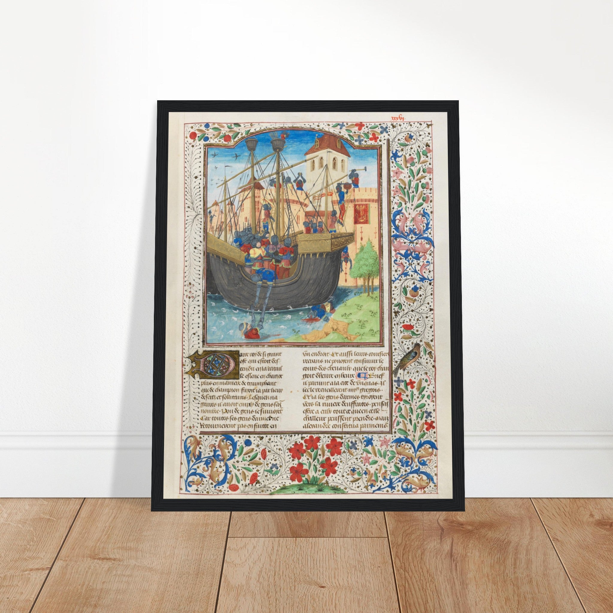 Medieval illuminated manuscript art print showing knights and ships during a siege, surrounded by ornate floral borders.