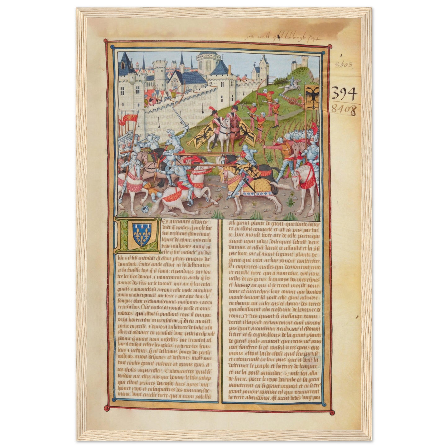Illustrated medieval manuscript wall art featuring knights, banners, and castles — elegant historical decor print.