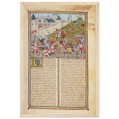 Illustrated medieval manuscript wall art featuring knights, banners, and castles — elegant historical decor print.