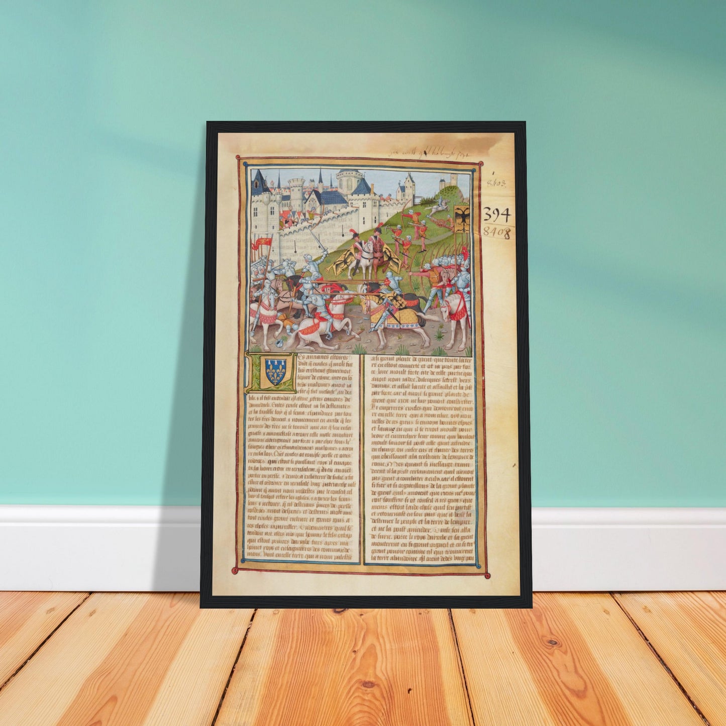 Medieval manuscript poster featuring armored knights in battle near a castle — illuminated codex wall art for history lovers.