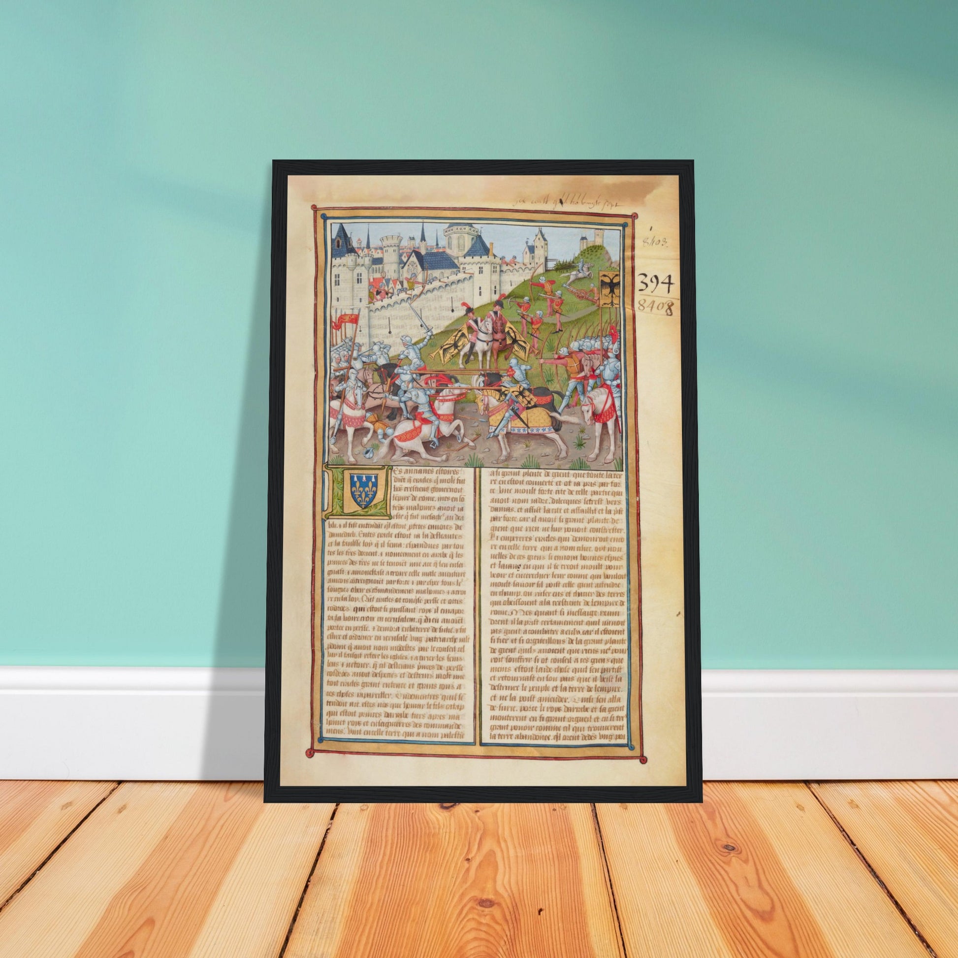 Medieval manuscript poster featuring armored knights in battle near a castle — illuminated codex wall art for history lovers.