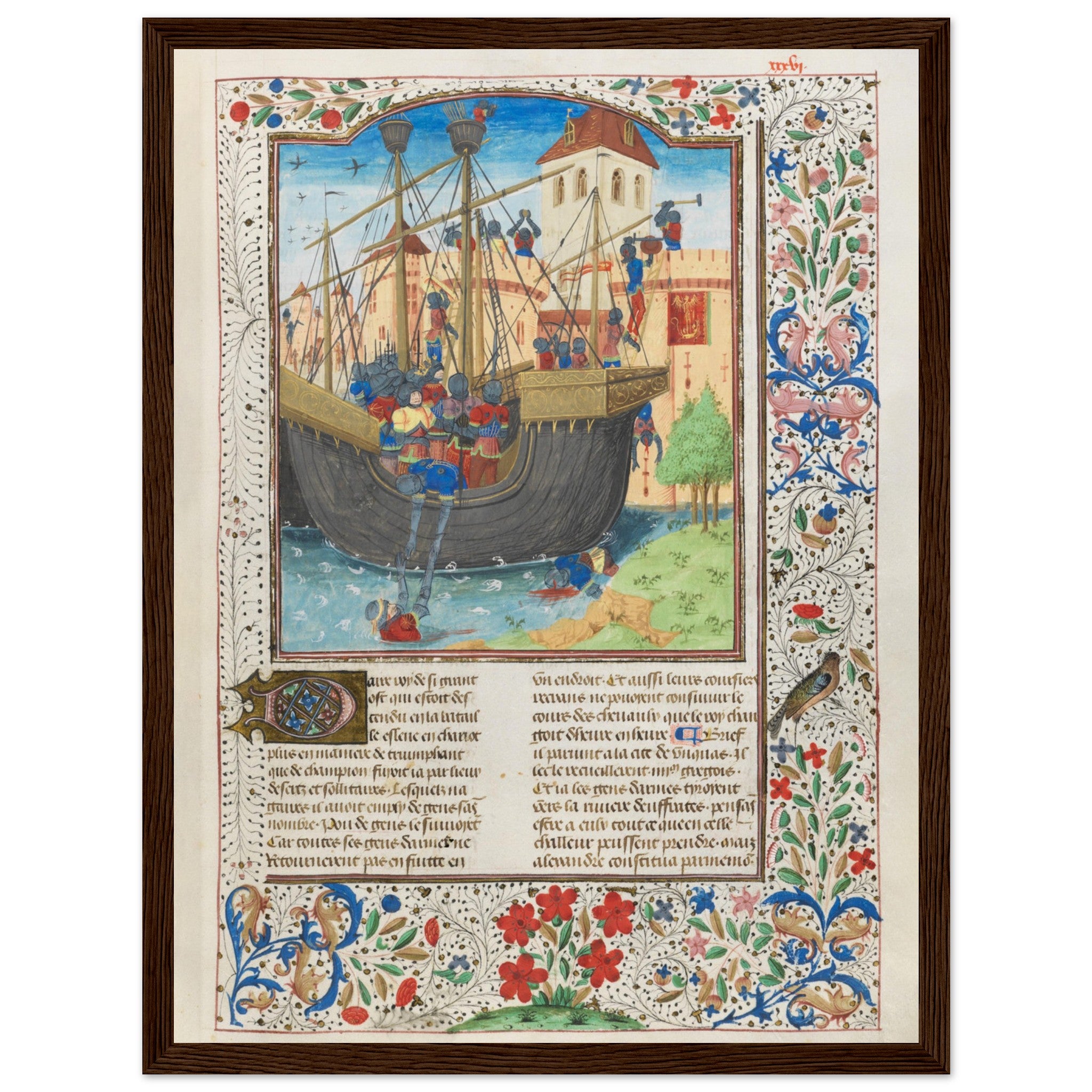 Historical illustration of armored knights and ships from a medieval siege, perfect for history and manuscript art lovers.