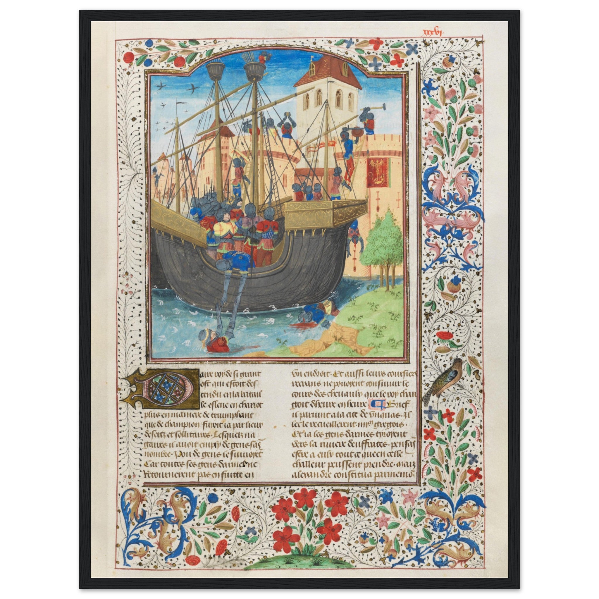 Beautifully detailed medieval ship illustration from a historical illuminated manuscript, featuring knights in armor.