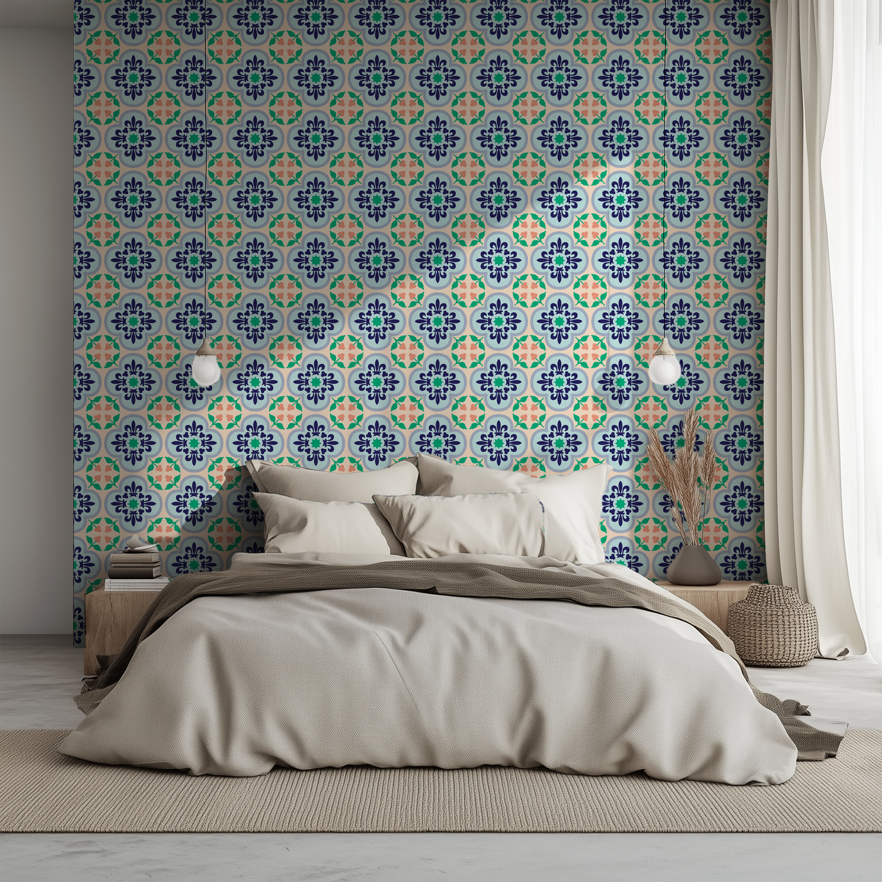 Mediterranean wallpaper, Portuguese ceramic tiles, ornamental wallpaper, vintage tile wallpaper, luxury wall covering