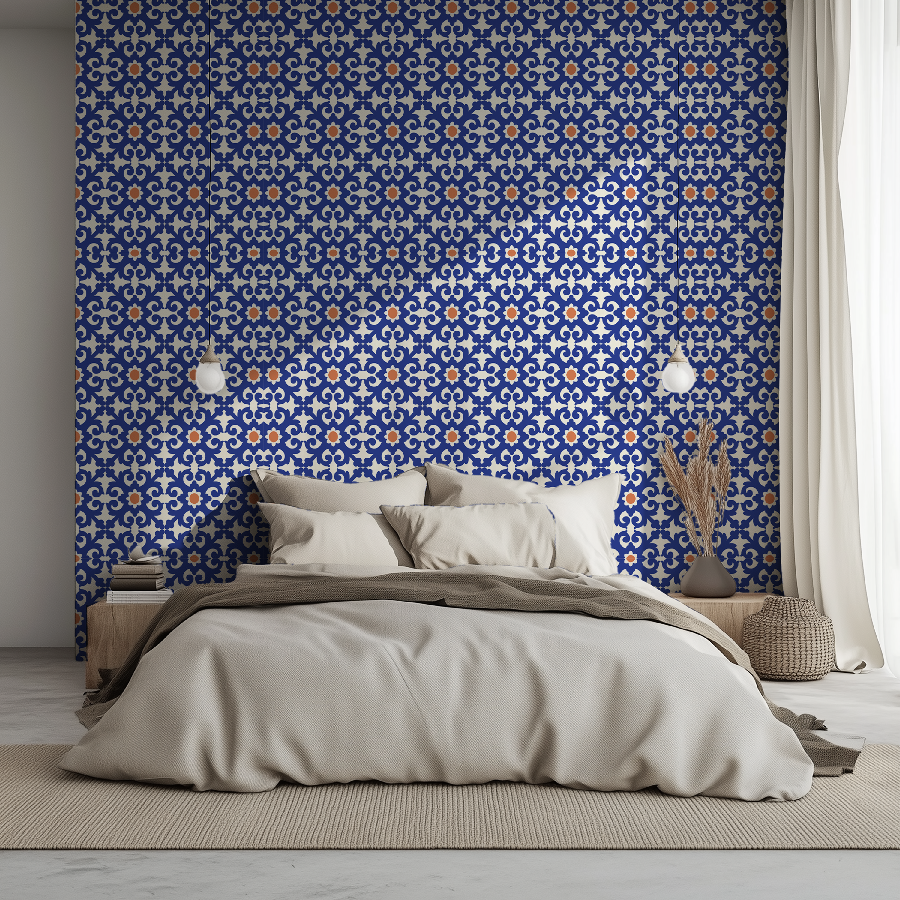 Mediterranean blue tile wallpaper, Portuguese inspired wallpaper, decorative ceramic tile wallpaper, luxury wallpaper, peel and stick wallpaper