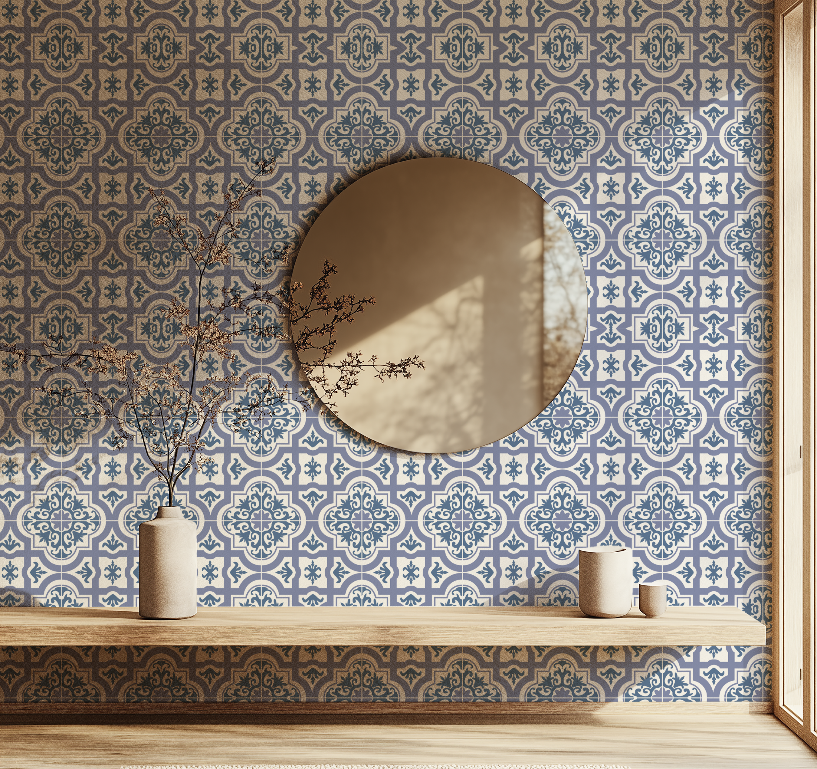 Mediterranean wallpaper, Portuguese blue tiles, classic azulejo wallpaper, ceramic pattern wallpaper, non woven wallpaper, custom wallpaper