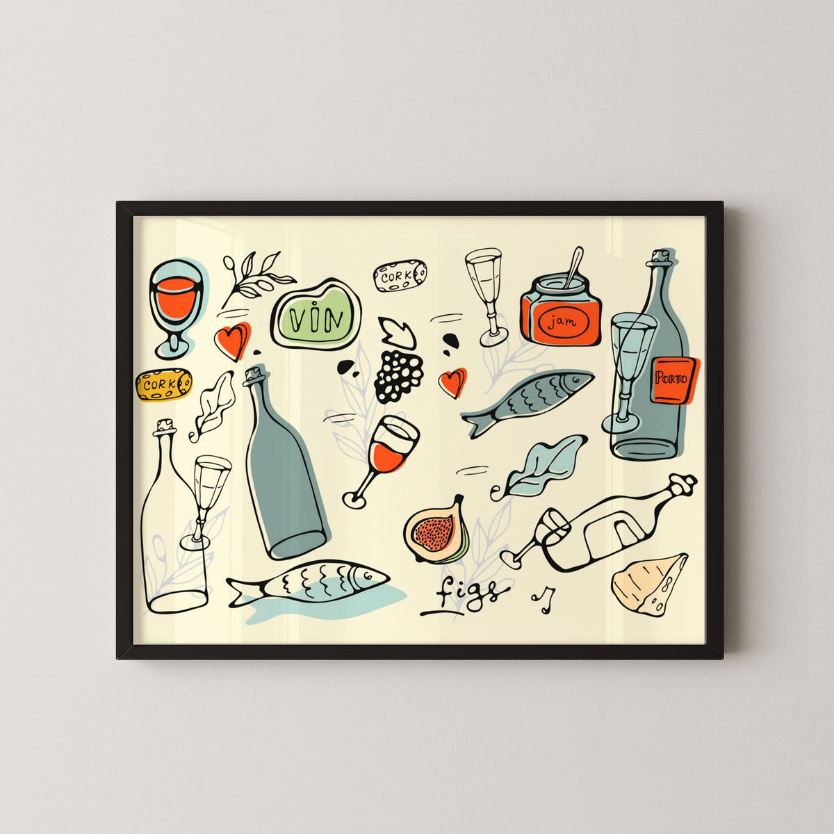 Mediterranean Wine and Cheese Poster – Vintage Food Art – black frame mockup