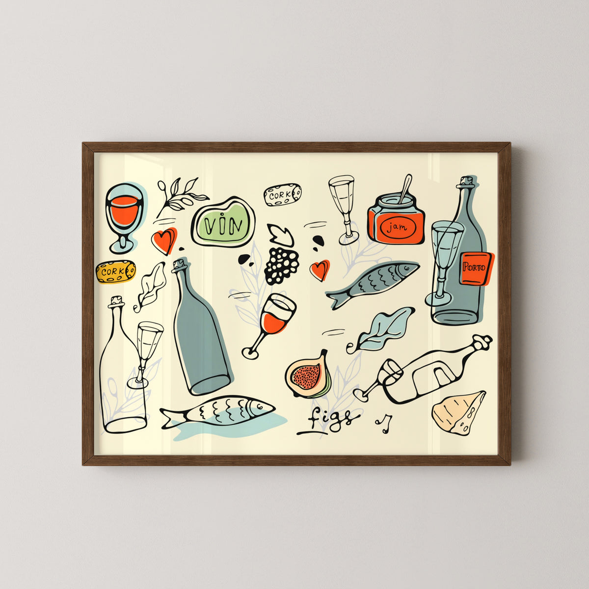 Mediterranean Wine and Cheese Poster – Vintage Food Art – darkwood frame mockup