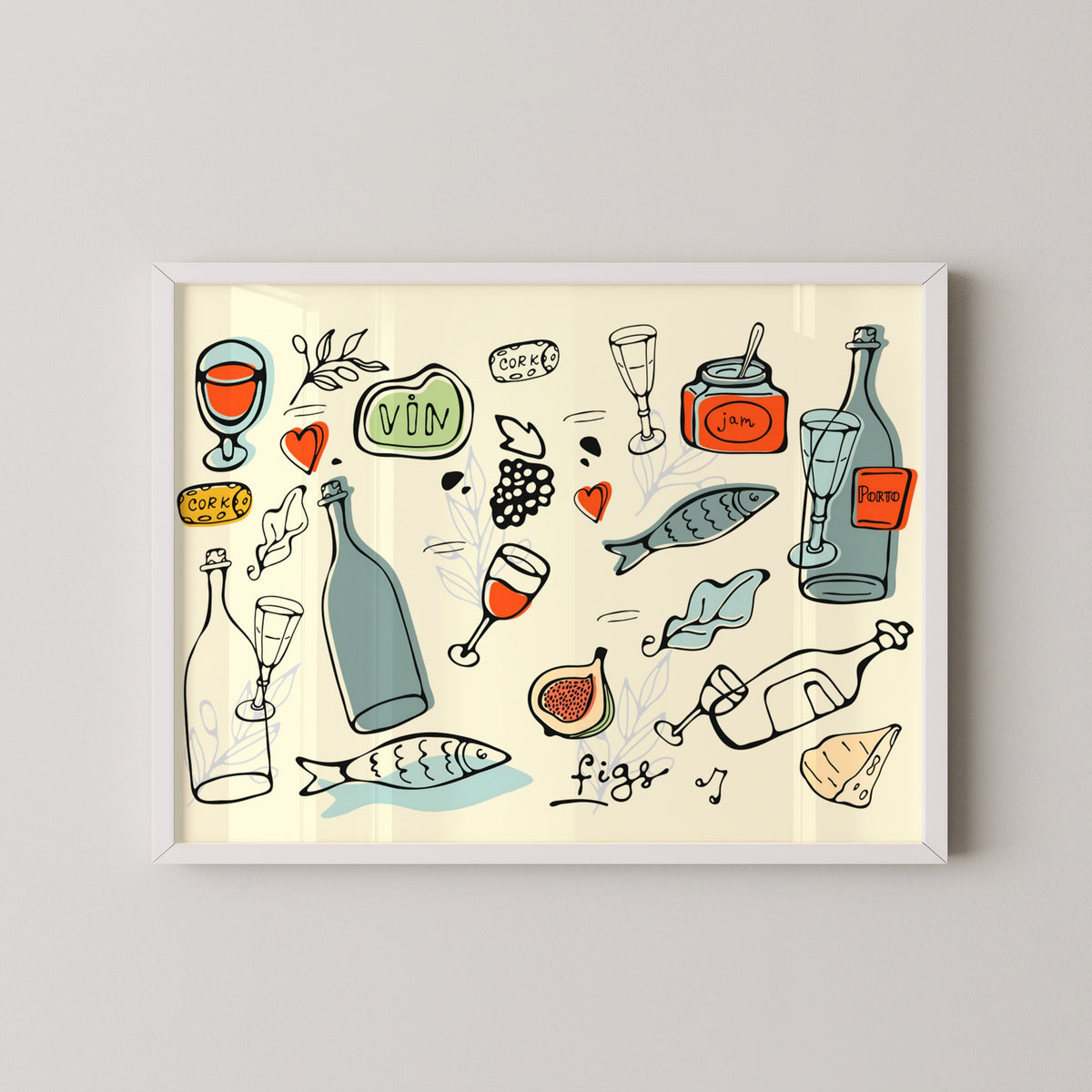 Mediterranean Wine and Cheese Poster – Vintage Food Art – white frame mockup