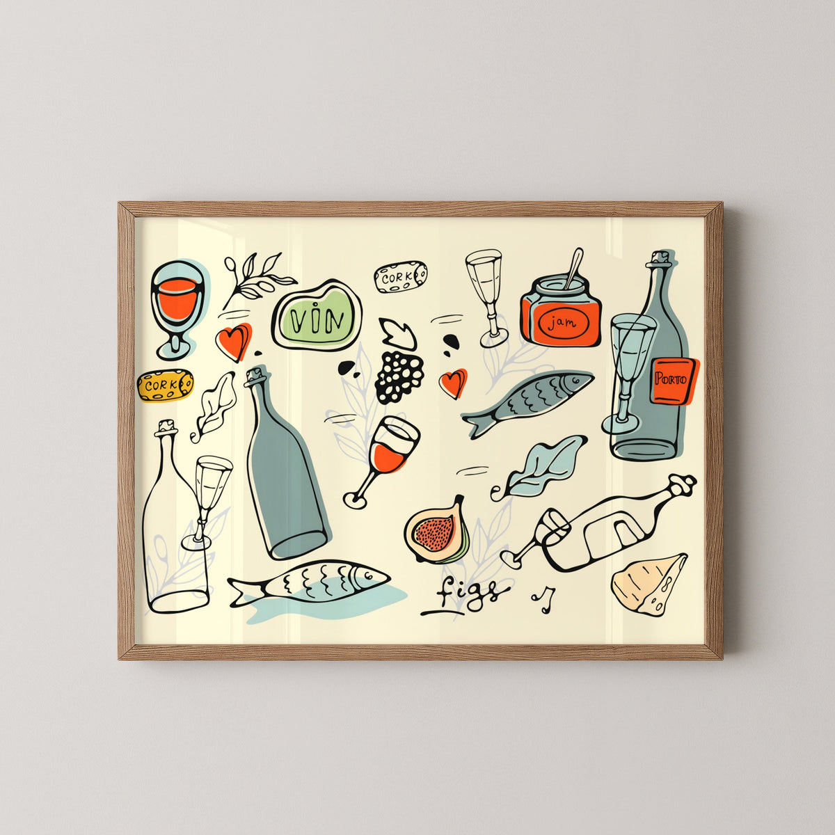 Mediterranean Wine and Cheese Poster – Vintage Food Art – wood frame mockup