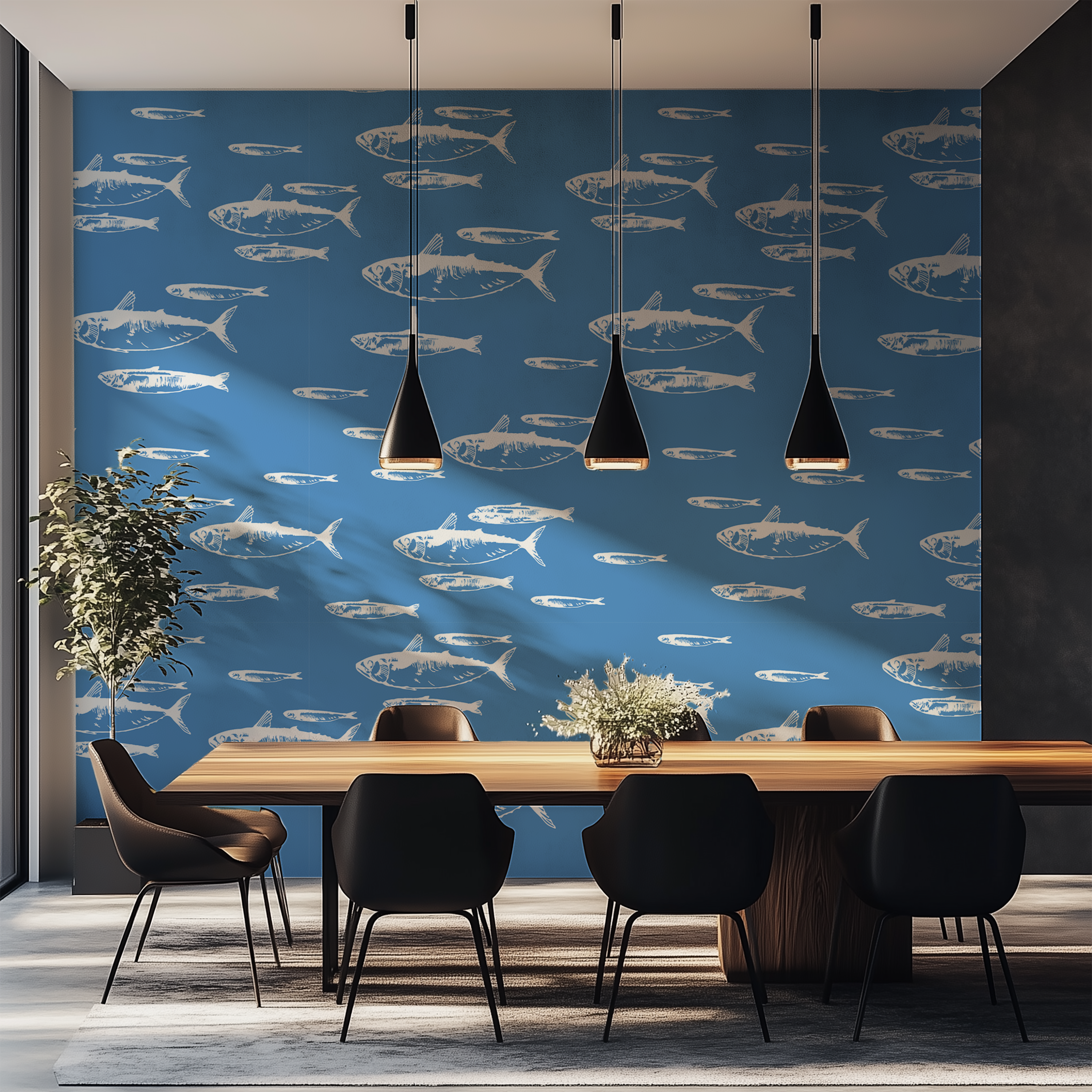 Mediterranean fish wallpaper, sardine wallpaper, marine wallpaper, coastal wall mural, nautical decor, premium wallpaper