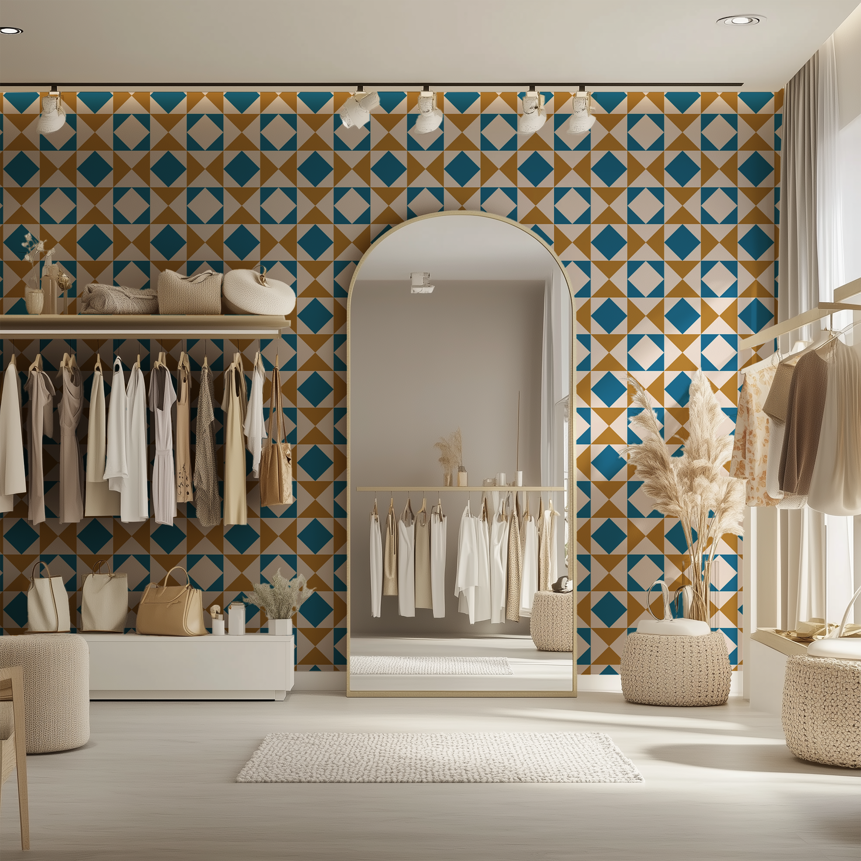 Mediterranean geometric wallpaper, Portuguese inspired wallpaper, tile pattern wallpaper, modern geometric wallpaper, premium wallpaper, custom wallpaper