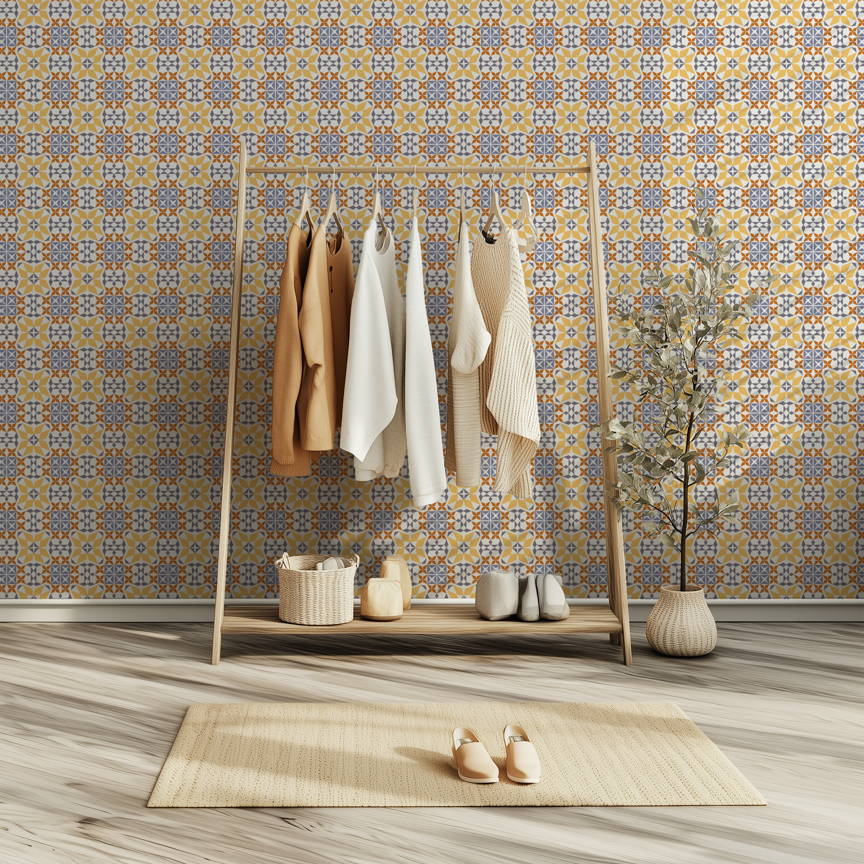 Mediterranean mosaic wallpaper, Moorish geometric wallpaper, encaustic tile wallpaper, ornamental wallpaper, custom wallpaper, premium wall mural