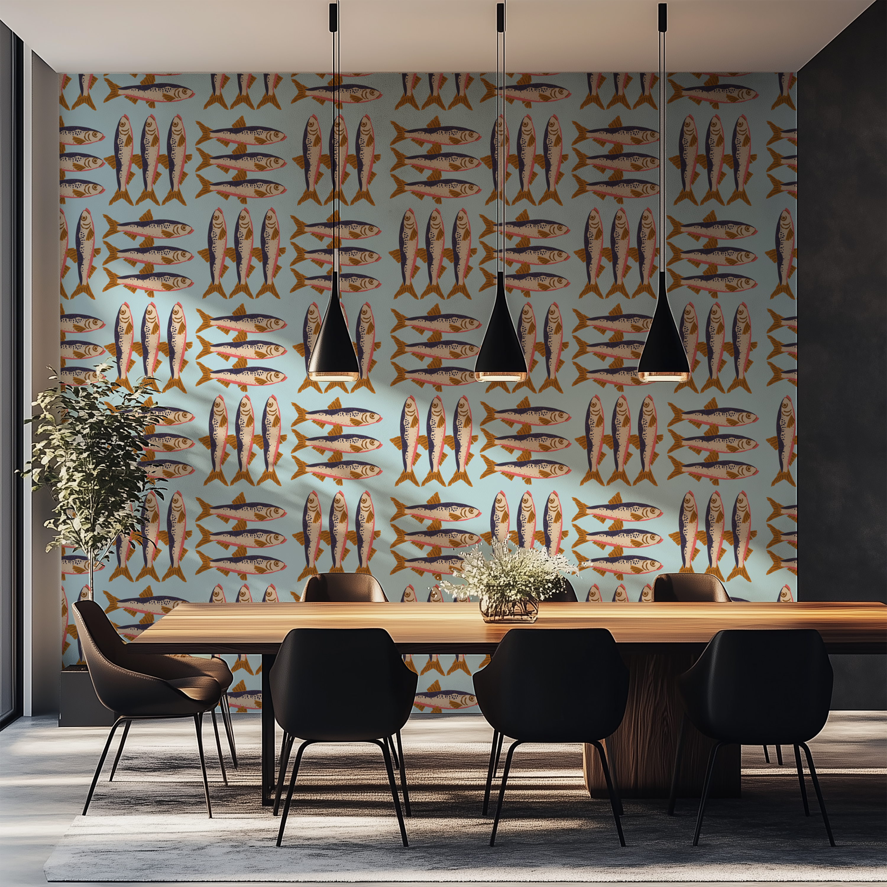 Mediterranean fish wallpaper, sardine pattern wallpaper, coastal decor, marine wallpaper, premium custom wallpaper