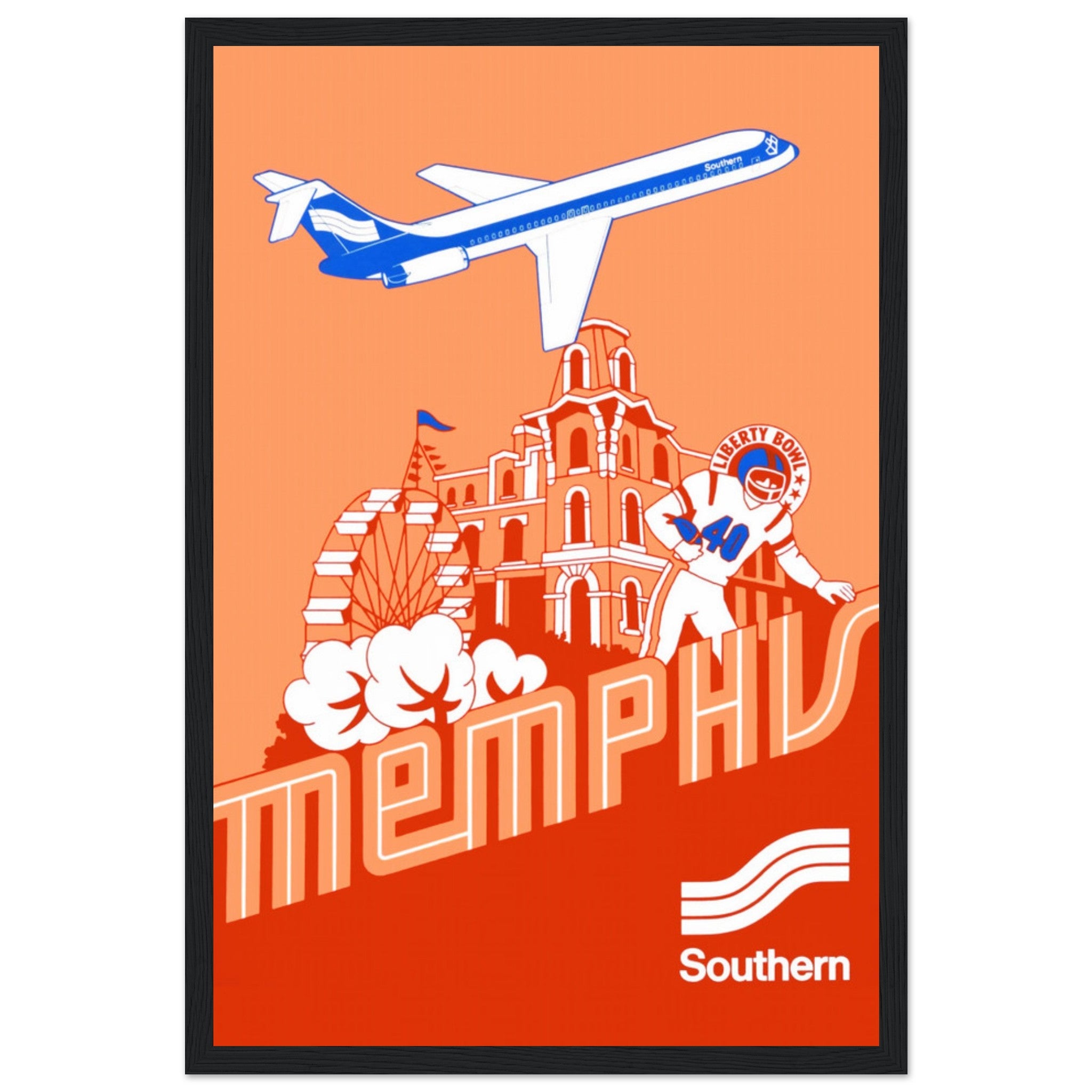 Unique Memphis vintage poster featuring Southern Airlines retro print and Tennessee football. Perfect for collectors, sports fans & travel lovers. Shop now!