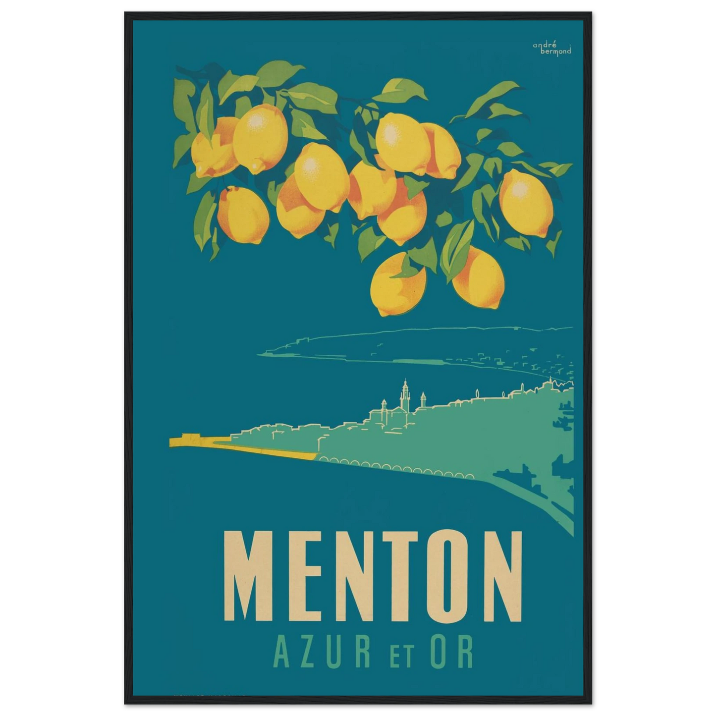 Art Deco travel poster print of Menton Azur et Or, showcasing 1930s-inspired French design and radiant Côte d’Azur colors.