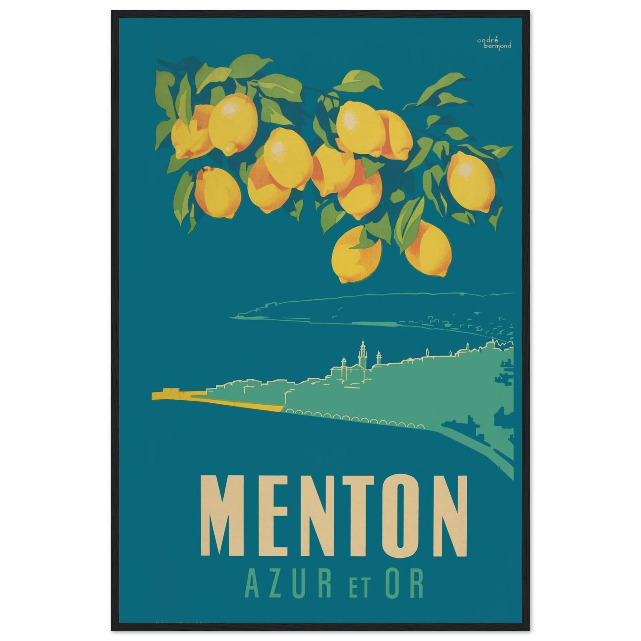 Art Deco travel poster print of Menton Azur et Or, showcasing 1930s-inspired French design and radiant Côte d’Azur colors.