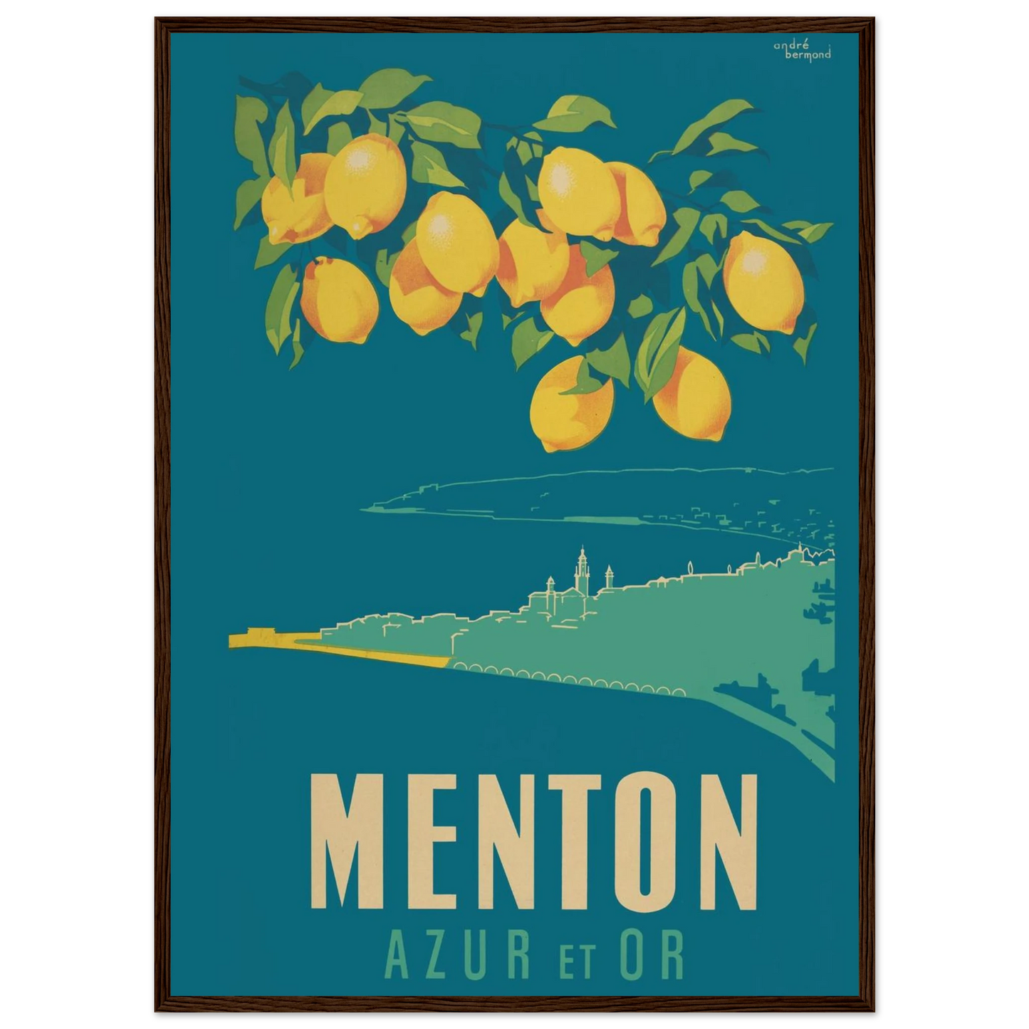 Retro travel poster of Menton – Azur et Or, featuring Art Deco design and the golden light of the French Riviera’s sun-soaked coastline.
