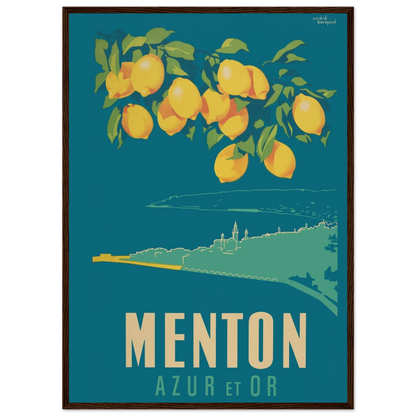 Retro travel poster of Menton – Azur et Or, featuring Art Deco design and the golden light of the French Riviera’s sun-soaked coastline.