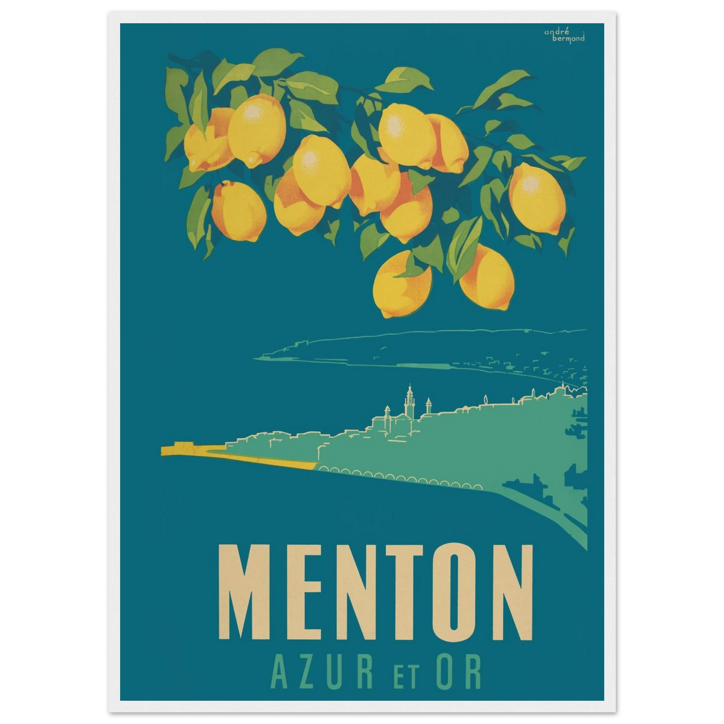 Retro travel art print of Menton, France, featuring vibrant seaside scenery, golden tones, and timeless Riviera sophistication.