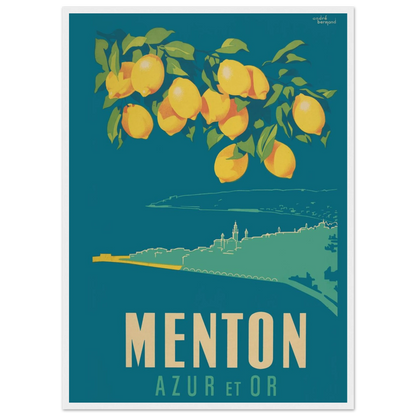 Retro travel art print of Menton, France, featuring vibrant seaside scenery, golden tones, and timeless Riviera sophistication.