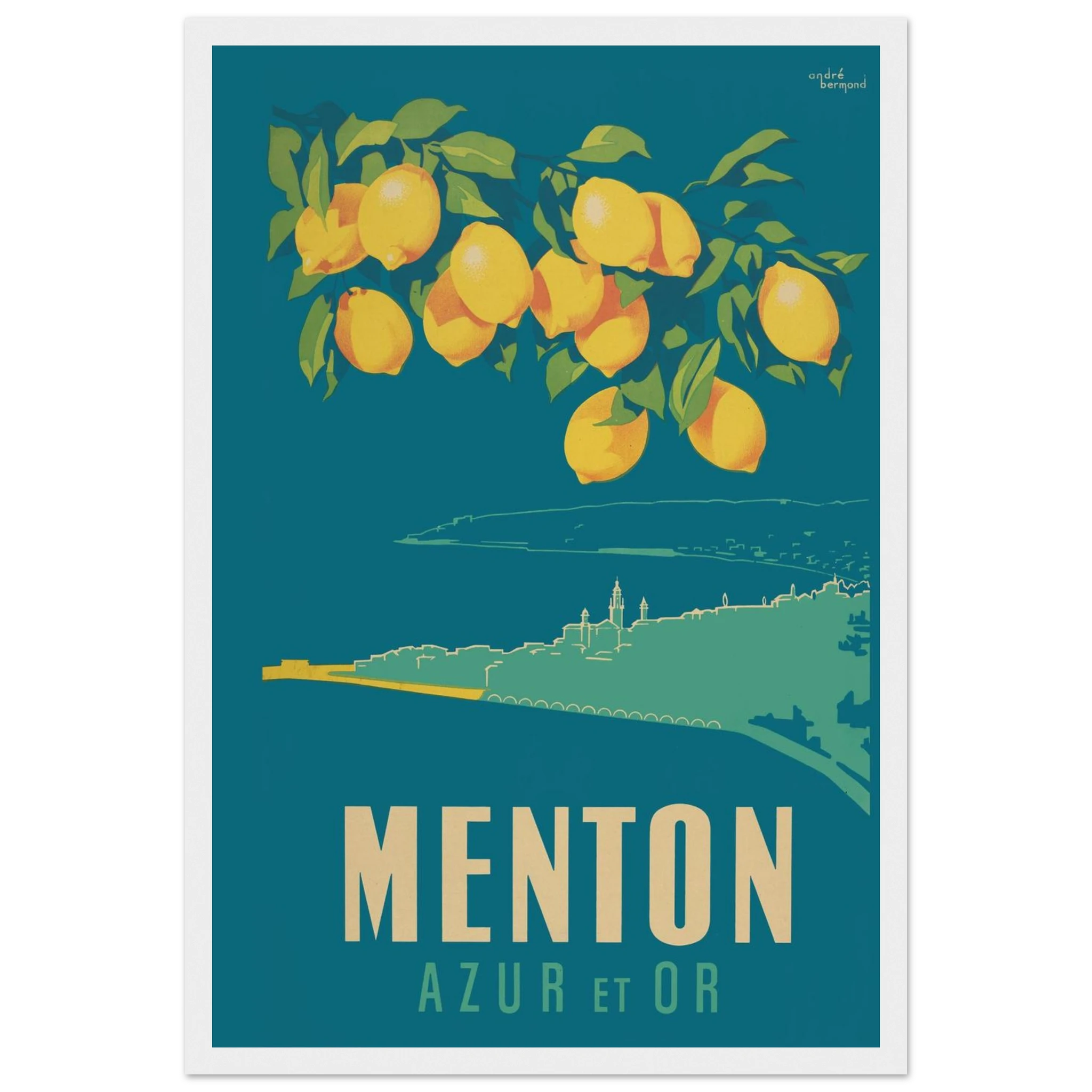 Vintage French Riviera poster of Menton, the “Pearl of France,” blending elegant typography, palm trees, and Mediterranean charm.