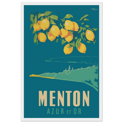 Vintage French Riviera poster of Menton, the “Pearl of France,” blending elegant typography, palm trees, and Mediterranean charm.