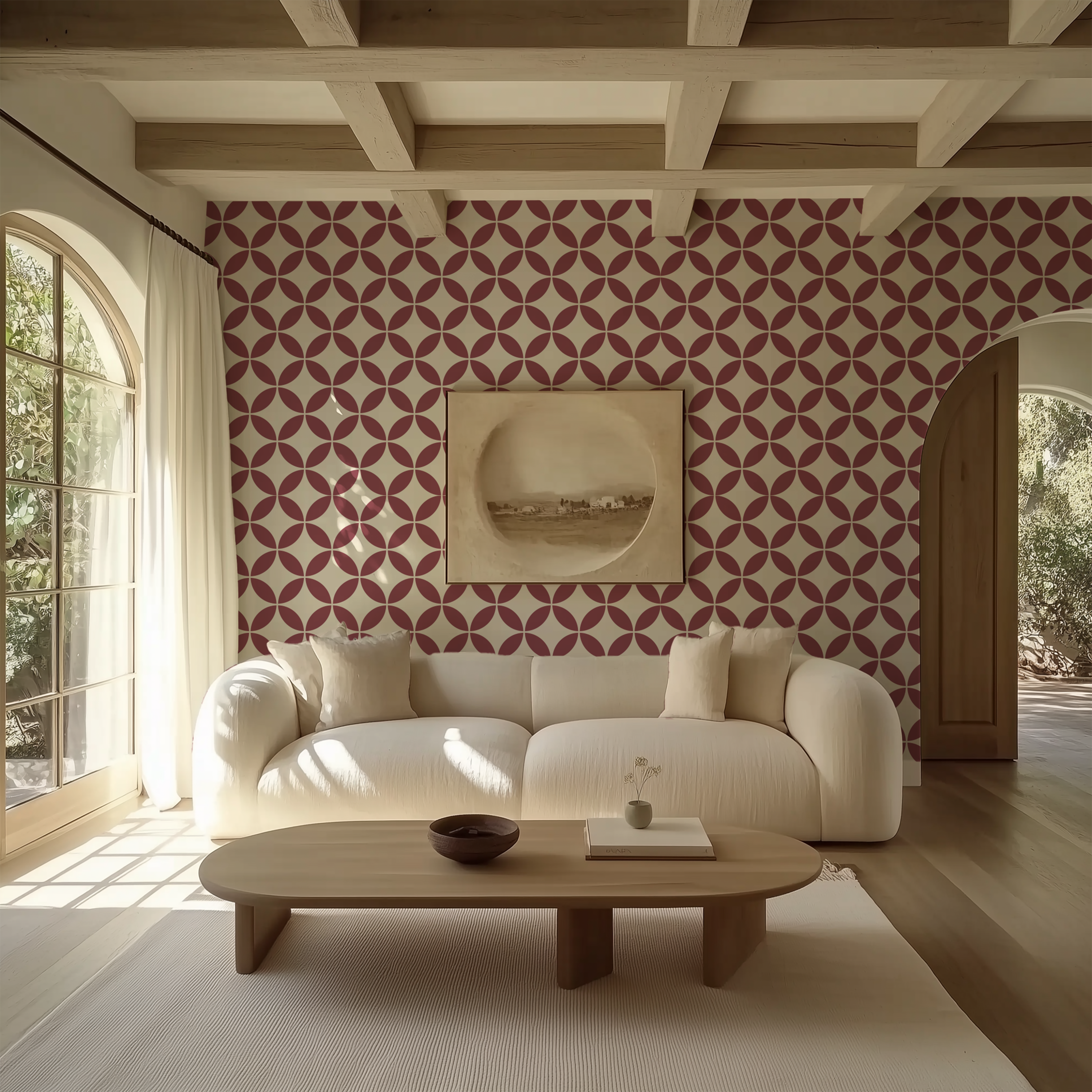 Burgundy mid-century geometric wallpaper styled in a warm modern living room