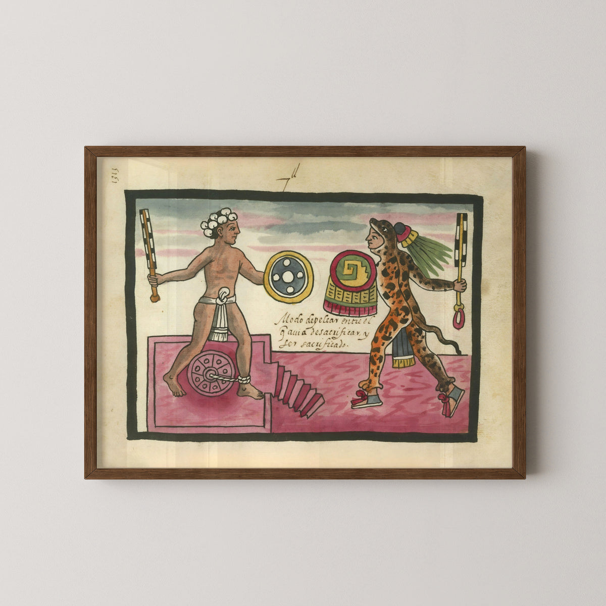 mexican codex aztec warriors poster – darkwood frame mockup