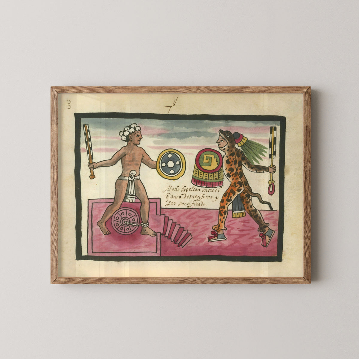 mexican codex aztec warriors poster – wood frame mockup